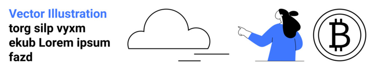 Cloud graphic, person gesturing towards the right, and Bitcoin icon representing clouds, human action, and cryptocurrency. Ideal for technology, finance, education, presentations, marketing