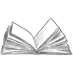 Hand drawn sketch of open book in hardcover with blank pages in black isolated on white background. 
