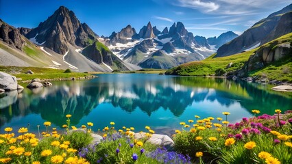  Alpine lake surrounded by rugged mountain peaks and wildflowers under a bright blue sky