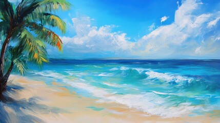 Obraz premium The picture of the sea, the beach and the bright blue sky is a beautiful sea view in summer, giving a refreshing and relaxing feeling.