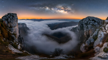 Fototapeta premium Milky Way galaxy stretches across a night sky over a mountain range with clouds in the valley below.