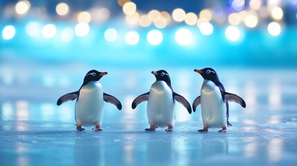 Fototapeta premium Glowing Winter Wonderland: Penguins Skating on Frozen Lake under Christmas Lights Reflection, Exuding Teamwork in Festive Night