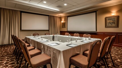 The meeting room is designed to be suitable and convenient for working in the office. There are tables and chairs in a wide area without people.