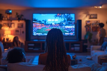 Friends gathered in a living room watching sports on a large TV, excitement and cheering. Generative AI