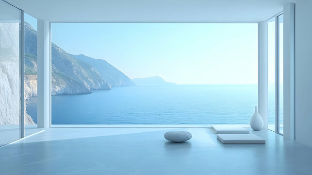 Minimalist living room with panoramic ocean view and white decor.