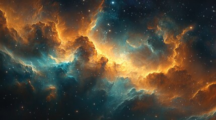 Obraz premium Galactic Explosion: Swirling Nebula Clouds in Fiery Orange and Cool Teal Collide, Illuminated by the Light of Distant Stars, Showcasing the Power and Beauty of Cosmic Events in the Universe