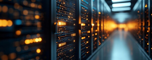 Dynamic data stream in a futuristic server room, bokeh effect, glowing lights, cloud technology, big data analysis concept