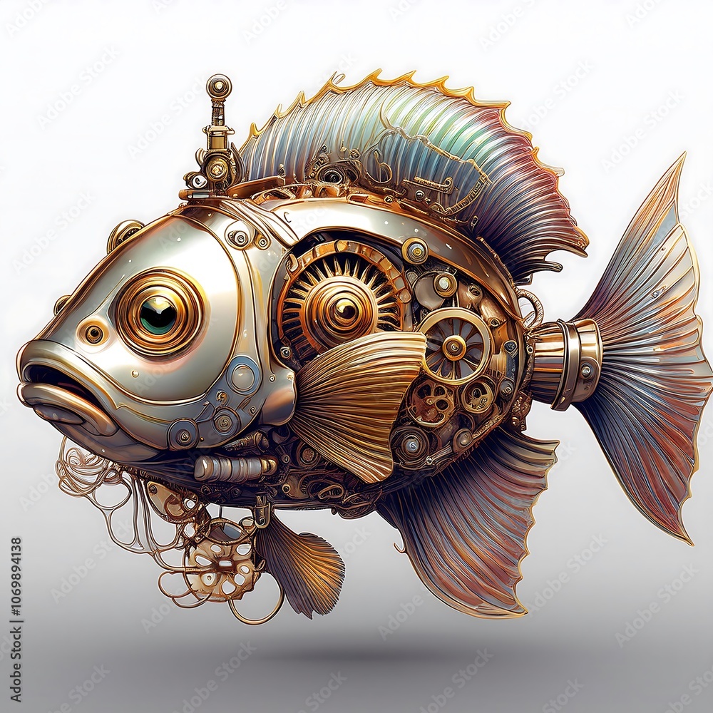 Poster a steampunk fish with intricate gears and cogs.