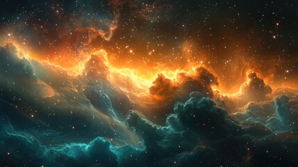 Fototapeta premium Interstellar Collision: Fiery Orange and Teal-Blue Nebula Clouds Swirl and Merge in Deep Space, Illuminated by Distant Stars, in a Stunning Display of Cosmic Energy and Galactic Creation