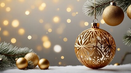 copy space Christmas background with Christmas tree, ball and gift with stars merry Christmas and Happy New Year gold color 