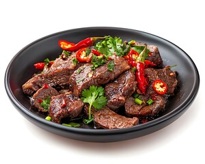 Fototapeta premium A plate of meat with peppers and cilantro