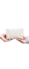A plain package is being handed from one hand to another, symbolizing a transaction or transfer.