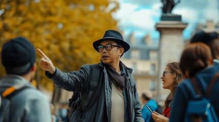 Fototapeta premium tour guide explain travel plan to tourist