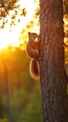 An image of a squirrel couple close together in a tall pine tree branch at sunset, set in a Finnish summer landscape. generative ai