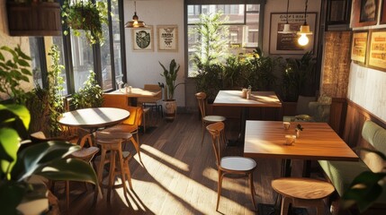 Cozy coffee shop interior with wooden tables and potted plants in natural light.