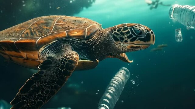 Sea turtle swimming through plastic pollution. Ocean wildlife in crisis. Marine conservation problem. Environmental protection footage