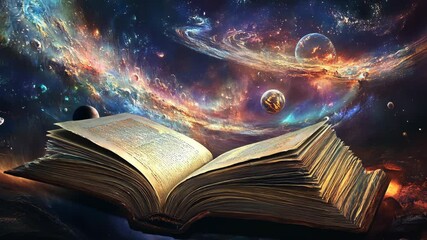 An open book reveals a breathtaking view of the cosmos, with swirling galaxies and distant planets, in a cosmic landscape