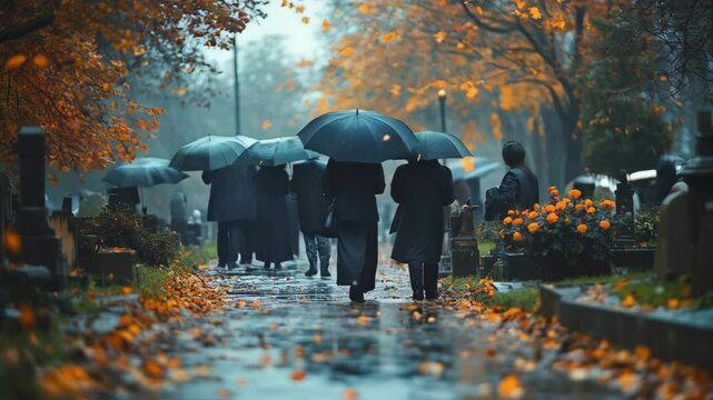 Funeral procession walking with umbrellas in autumn rain. Cemetery alley in fog. Memorial ceremony scene. Dramatic autumn concept