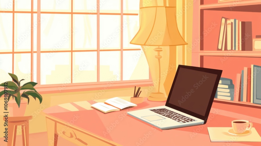 Poster image of a computer on a desk in a minimalist office to convey the concept of working and using tech