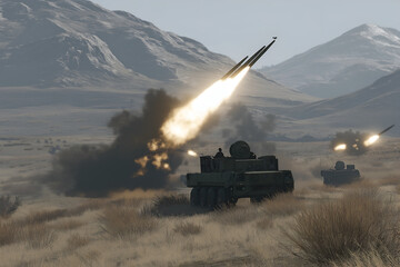 Obraz premium Rocket launcher vehicle fire system, air missiles launching from military vehicle.