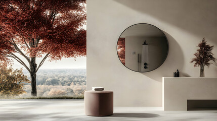 Modern bathroom with a round mirror and a view of a tree and forest.