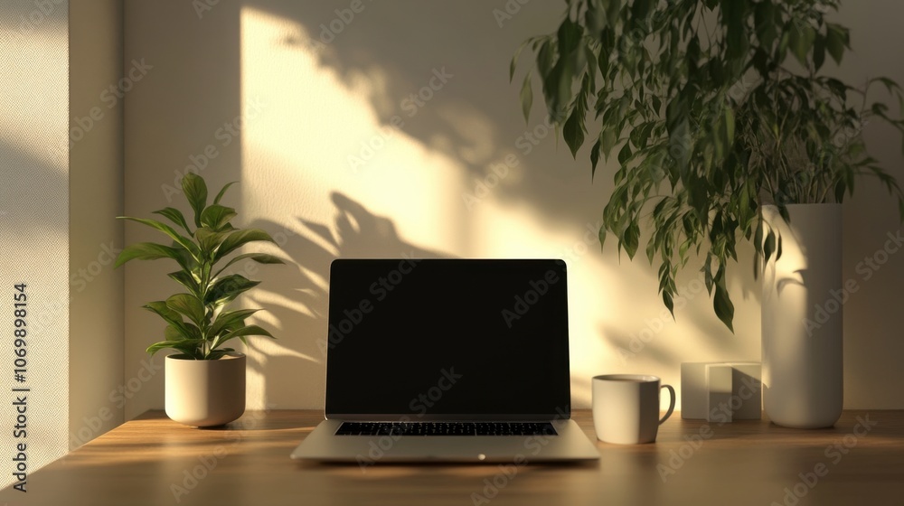 Poster image of a computer on a desk in a minimalist office to convey the concept of working and using tech