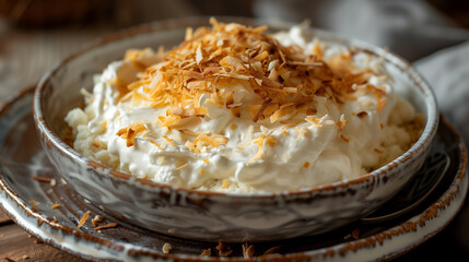 Coconut Cream Pie Slice Topped with Toasted Coconut Flakes