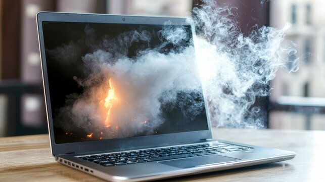 A laptop on fire with smoke coming out of it. AI.