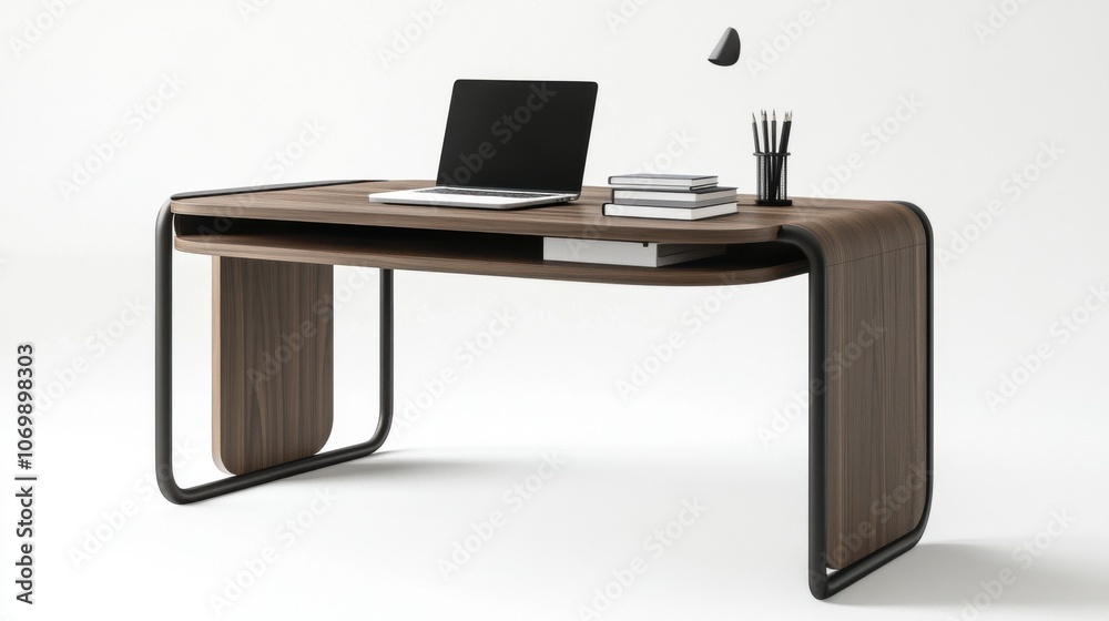 Poster image of a computer on a desk in a minimalist office to convey the concept of working and using tech