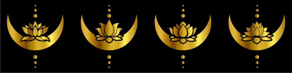 golden lotus flower and crescent moon spiritually healthy lifestyle, spa and yoga, Lotus Blossoms balance harmony vector icon symbol