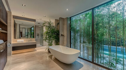 Modern bathroom with freestanding bathtub, large window overlooking lush green garden.