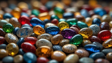 a vibrant and mesmerizing collection of colorful glass stones. The stones, with their smooth surfaces and intricate patterns, create a visually appealing and tactile experience.