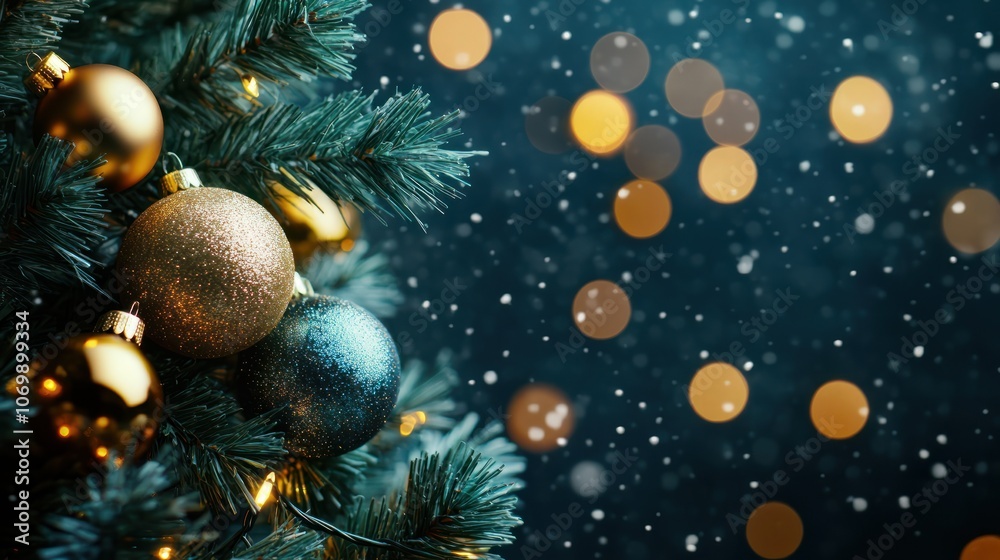 Wall mural a blue christmas background with snowflakes and bokeh lights, creating a festive and wintery atmosph