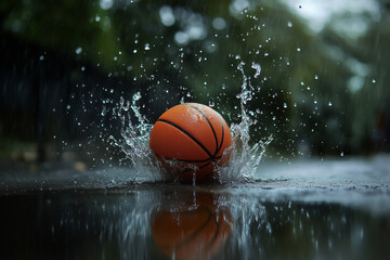 Basketball bouncing in a puddle on a rainy day capturing splash effects