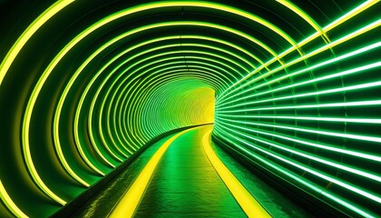 Naklejka premium Futuristic neon tunnel with vibrant green lighting and dynamic perspective