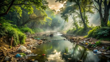 Obraz premium A Foggy Morning View of a Polluted River Surrounded by Lush Forests and Debris, Highlighting the Contrast Between Nature and Human Impact on the Environment