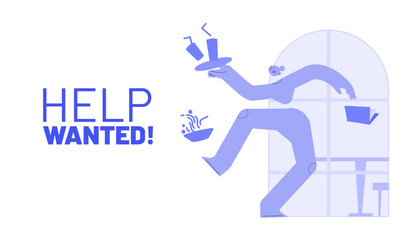 Restaurant staff shortage concept. Vector illustration for recruiting problem. Overloaded restaurant stuff with falling drinks and food. Labor and personell crisis concept.