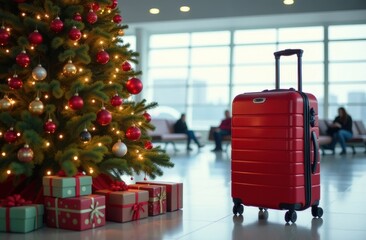 Red Suitcase by Christmas Tree in Airport Terminal: Symbolizing Christmas Vacation