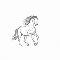 A horse drawn with black lines is running. White background.