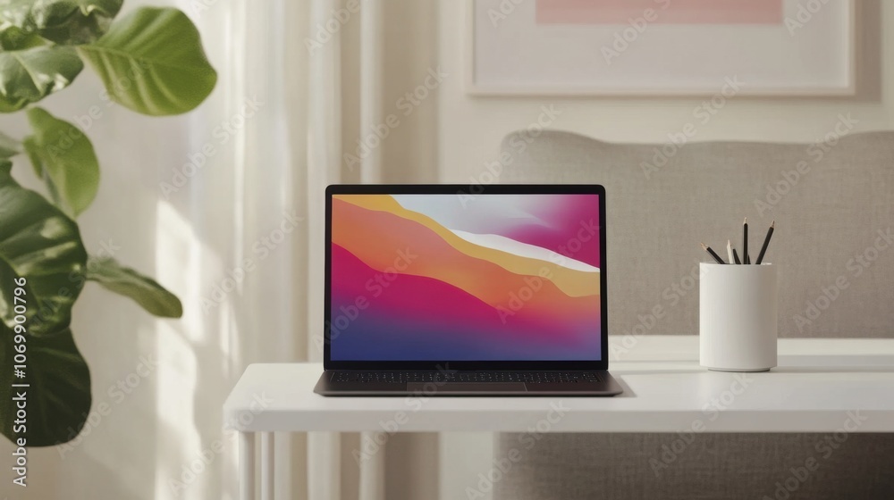 Poster image of a computer on a desk in a minimalist office to convey the concept of working and using tech