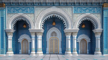 Obraz premium Luxurious Islamic Arch Background Combining Elegant White and Blue Tones for Stunning Visuals