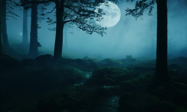 Malam hari di hutan terlihat bulan 