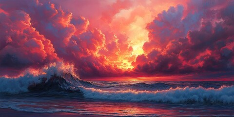 Intense crimson clouds illuminate the sky at dusk, while the ocean waves crash powerfully against the shore, creating a stunning and dramatic scene at sunset.