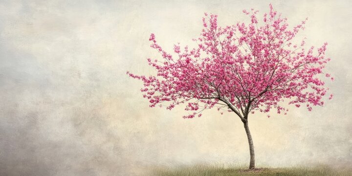 A youthful redbud tree stands out vividly against a soft, light backdrop. This young redbuds appearance is highlighted by the gentle hue behind it.