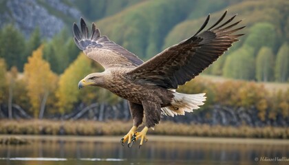 female White-tailed eagle (Haliaeetus albicilla) in close flight