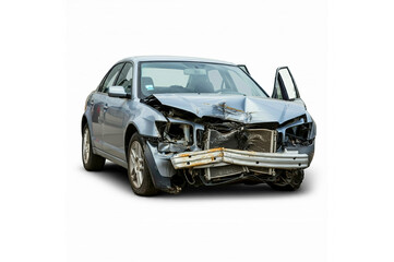 Gray junk car with frontal damage isolated on a white background. 