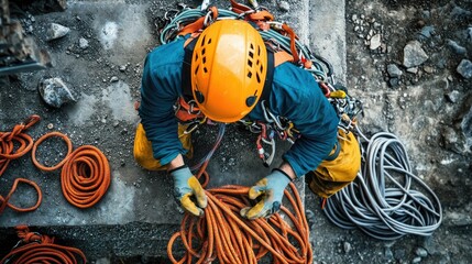 High-angle view of a climber construction worker securing equipment on a building site, showcasing essential safety practices and attention to detail.