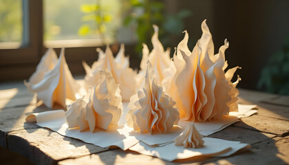Delicate paper sculptures resembling flames create serene atmosphere in natural light. intricate textures and soft colors enhance artistic display