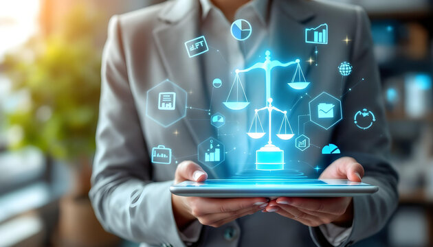 Digital scales of justice displayed on tablet, symbolizing law and technology. image conveys modern approach to legal services and digital transformation