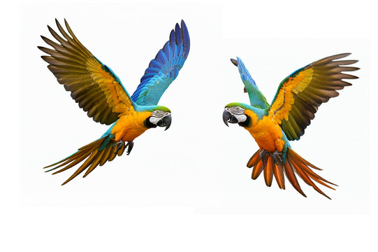 Colorful parrots in flight isolated on a white background.